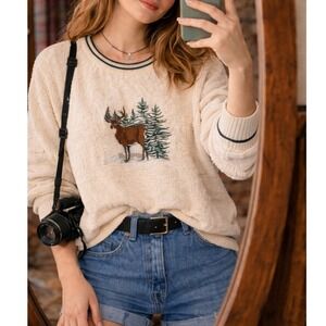 Vintage Fieldmaster Men's Cream  Knit Deer Buck Embroidery Sweater- Large Tall